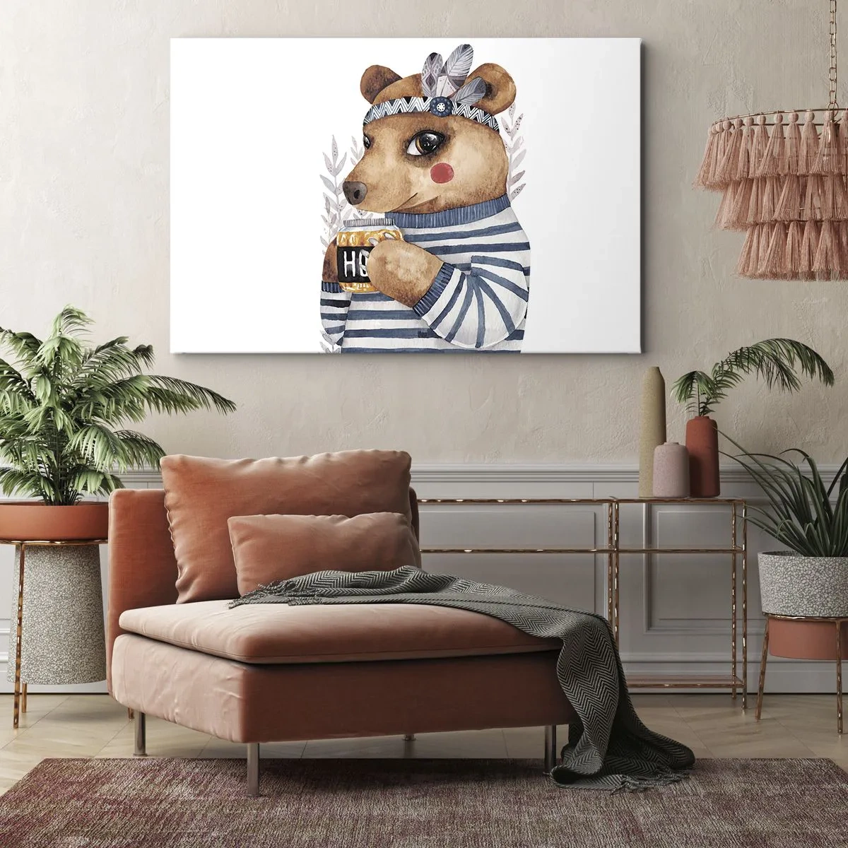Obraz na plátne - Plyšový medvedík v pruhovanom svetri s pohárom medu - 70x50cm - Sladký medvedík - Moderná nástenná dekorácia do obývacej izby a spálne ARTTOR