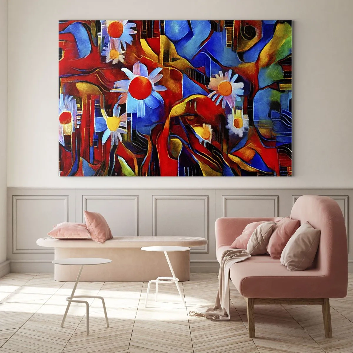 Obraz na skle - Farebné abstraktné kvety na pozadí intenzívnych farieb - 70x50cm - Farby života - Moderná nástenná dekorácia do obývacej izby a spálne ARTTOR