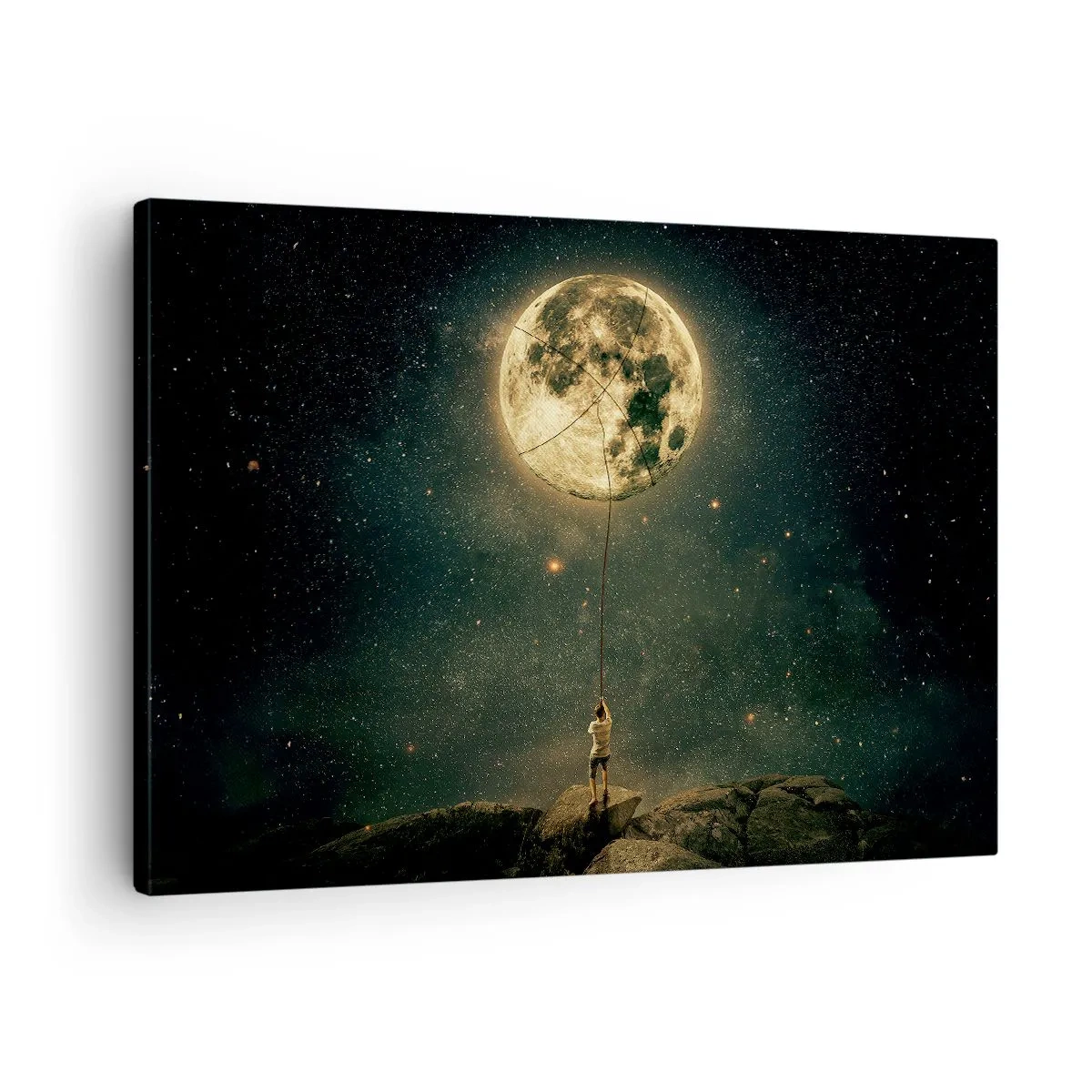 Obraz na plátne - Muž s mesiacom na pozadí hviezdnej oblohy - 70x50cm - Chlap, ktorý ukradol mesiac - Moderná nástenná dekorácia do obývacej izby a spálne ARTTOR