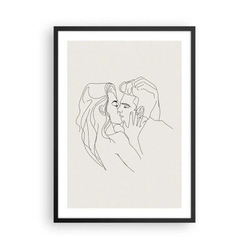 Plagát v čiernom ráme - Minimalistická kresba zamilovaného páru jemnými líniami. - 50x70cm - Zamotaní citom - Moderná nástenná dekorácia do obývacej izby a spálne ARTTOR