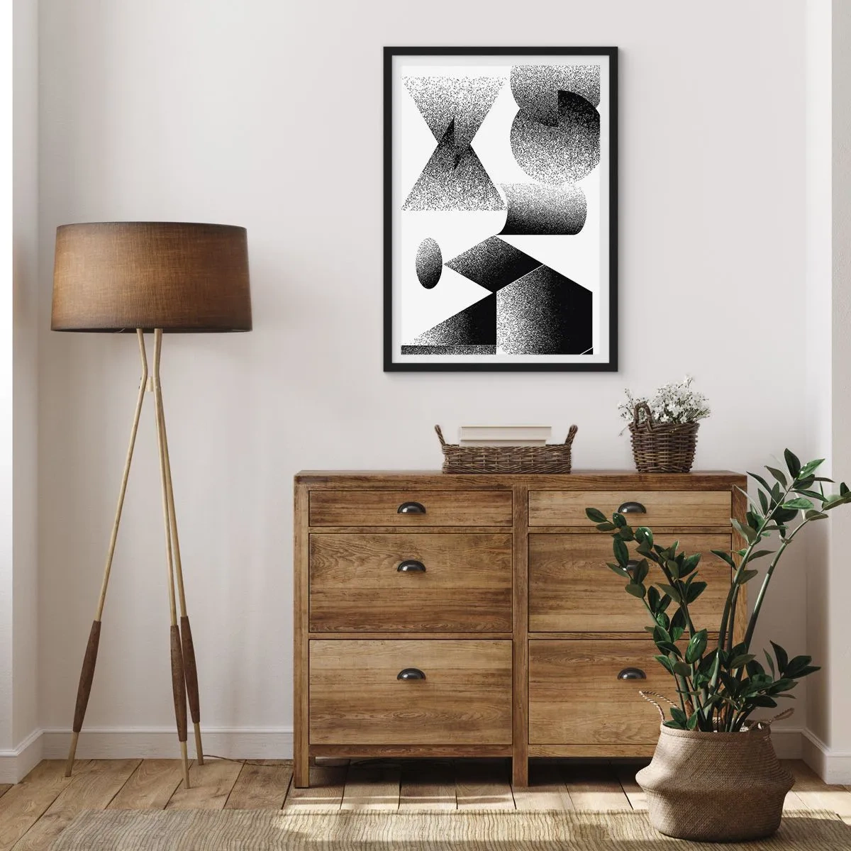 Plagát v čiernom ráme - Abstraktná kompozícia geometrických tvarov v čiernej a bielej farbe - 50x70cm - Uhly a ovály - Moderná nástenná dekorácia do obývacej izby a spálne ARTTOR