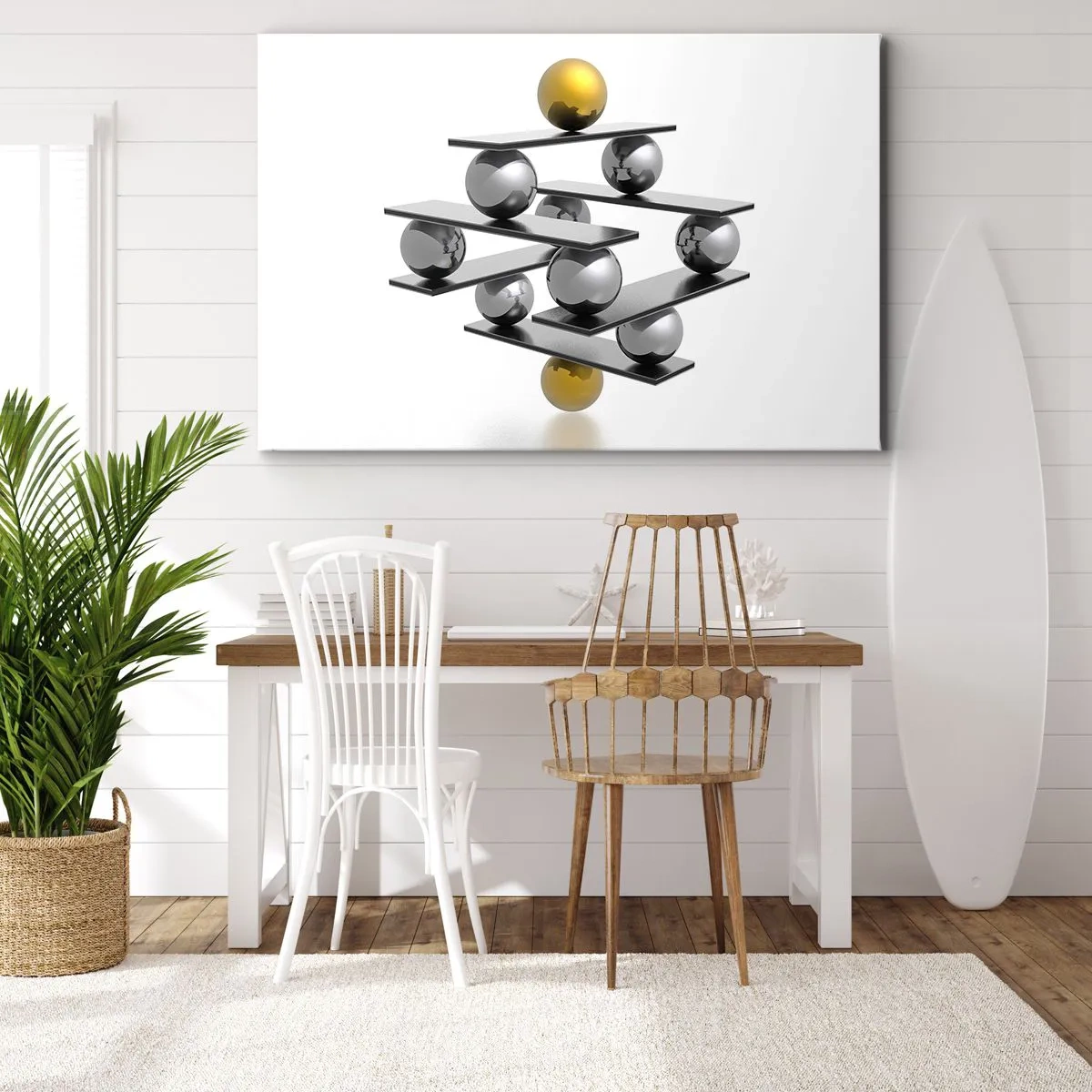 Obraz na plátne - Geometrická kompozícia s kovovými guľôčkami a zlatým akcentom - 70x50cm - Zlato-strieborná rovnováha - Moderná nástenná dekorácia do obývacej izby a spálne ARTTOR