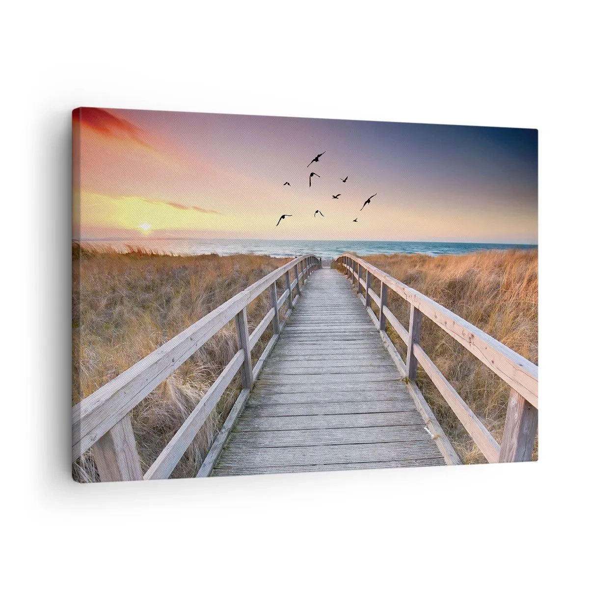 Obraz na plátne - Drevené mólo vedúce na pláž pri západe slnka - 70x50cm - Priestor pre vzostupy - Moderná nástenná dekorácia do obývacej izby a spálne ARTTOR