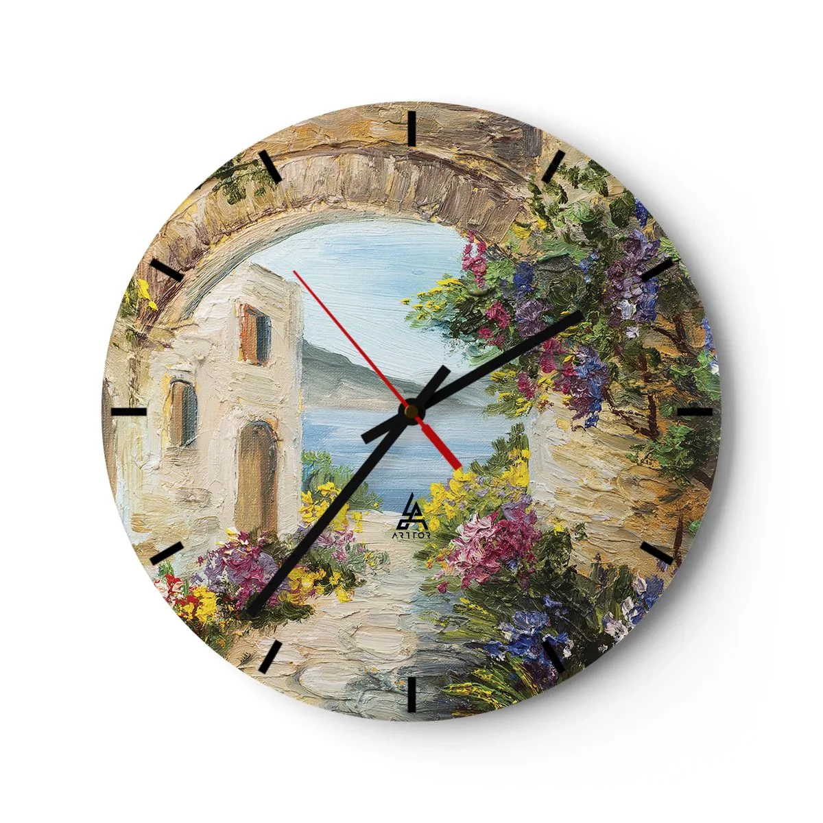 Nástenné hodiny - Atmosférická ulica s kvetmi a výhľadom na more - 30x30cm - Pôvab pobrežnej krajiny - Moderná nástenná dekorácia do obývacej izby, kuchyne a spálne ARTTOR