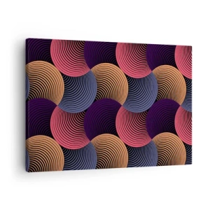 Obraz na plátne - Geometrické kruhy v odtieňoch ružovej, fialovej a zlatej - 70x50cm - V kruhovom rytme - Moderná nástenná dekorácia do obývacej izby a spálne ARTTOR