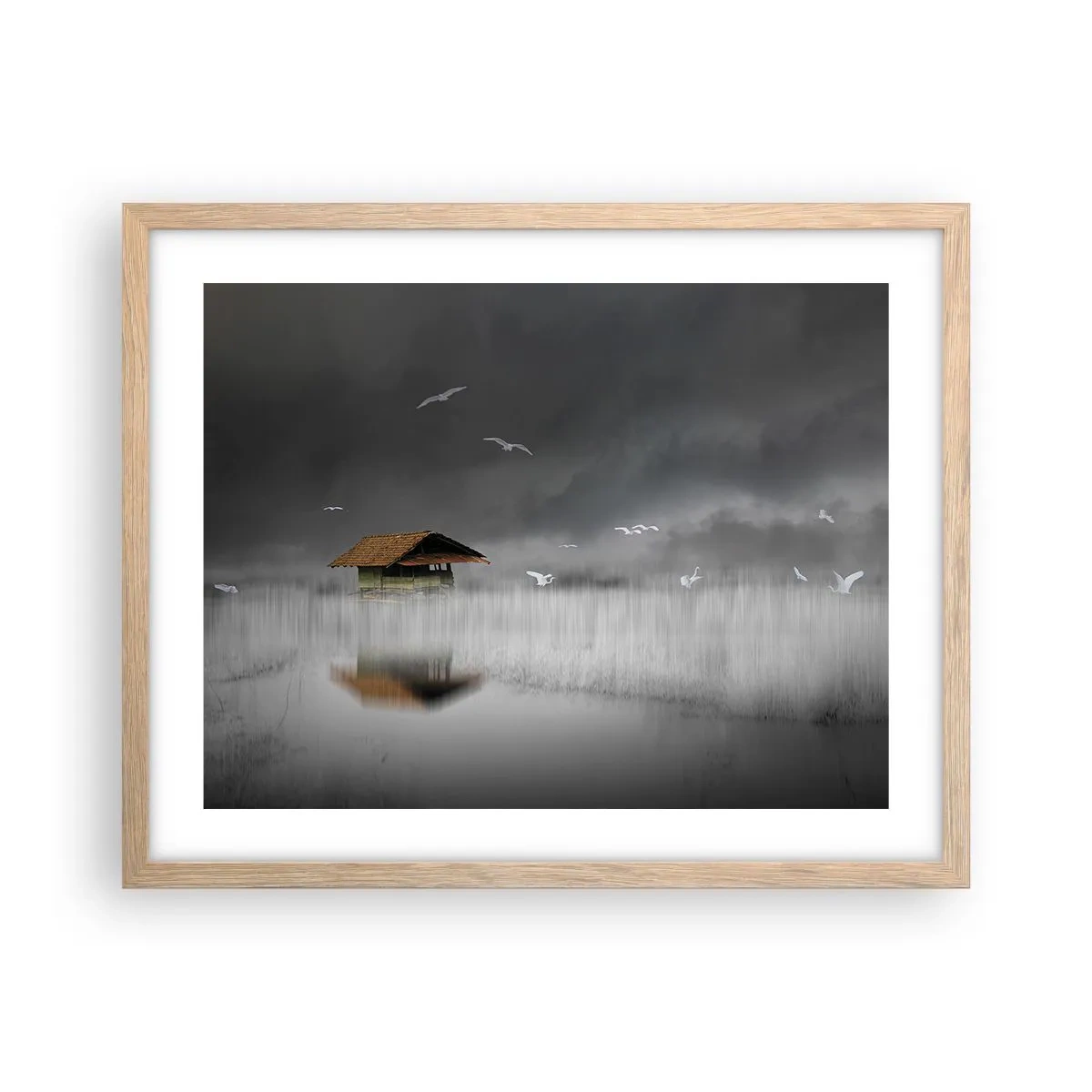 Plagát v ráme zo svetlého duba - Úkryt pred dažďom - 50x40 cm