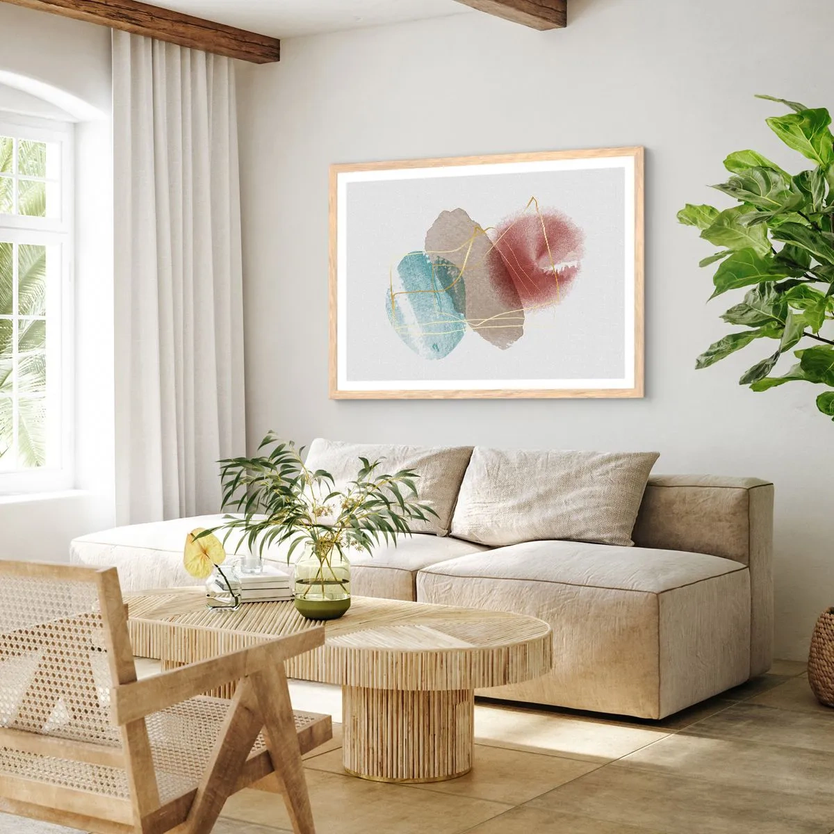 Plagát v ráme zo svetlého duba - Korálky priestoru - 100x70 cm