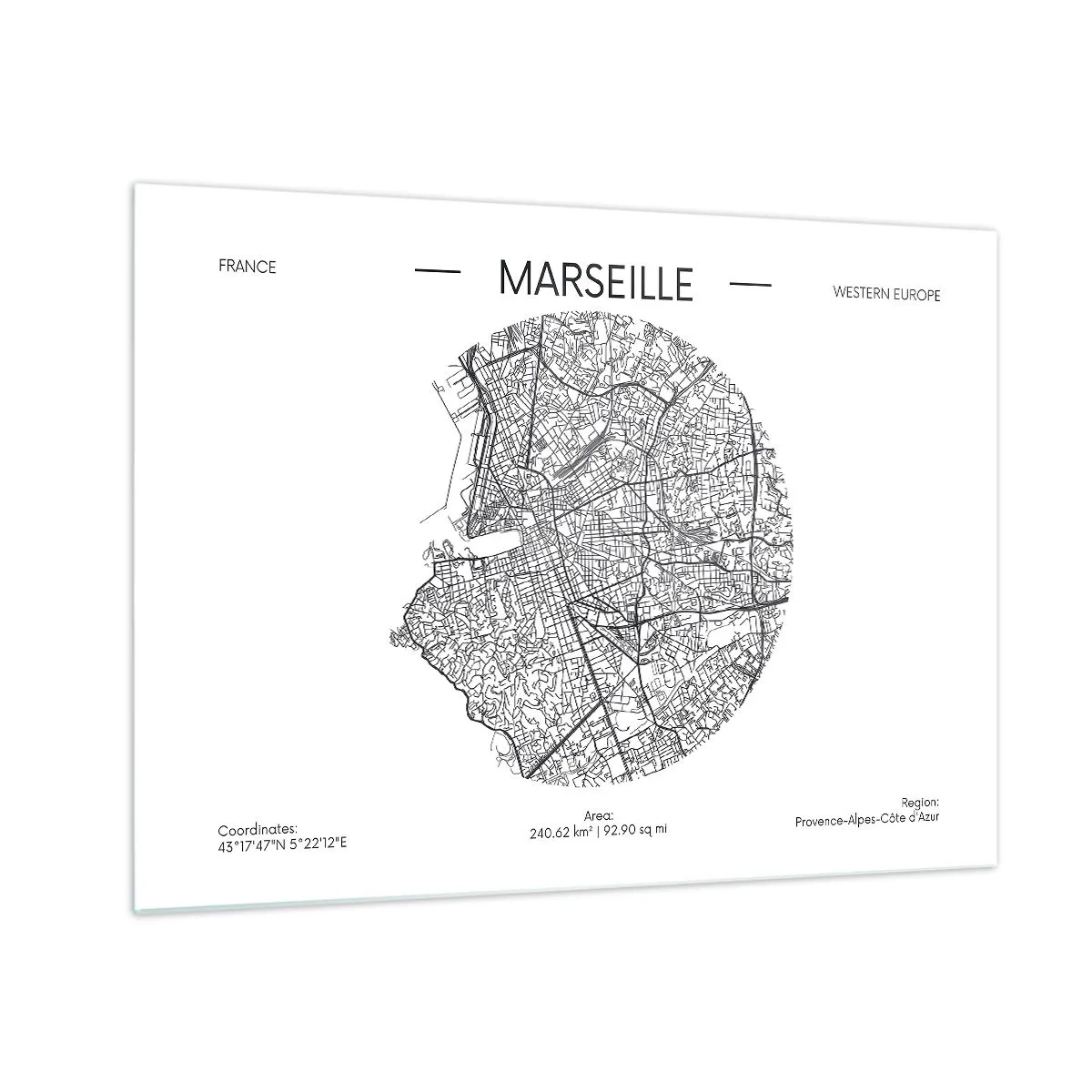 Obraz na skle - Čiernobiela mapa mesta Marseille v modernom štýle - 70x50cm - Anatómia Marseille - Moderná nástenná dekorácia do obývacej izby a spálne ARTTOR