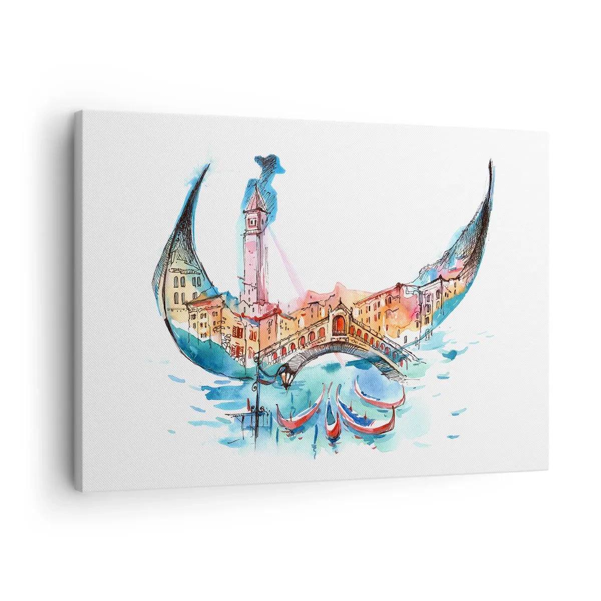Obraz na plátne - Akvarelová kompozícia Benátok v tvare gondoly - 70x50cm - Plávame mestom - Moderná nástenná dekorácia do obývacej izby a spálne ARTTOR