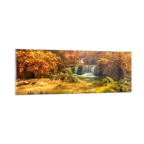 Obraz na skle - Lesný vodopád v zlate - 90x30 cm