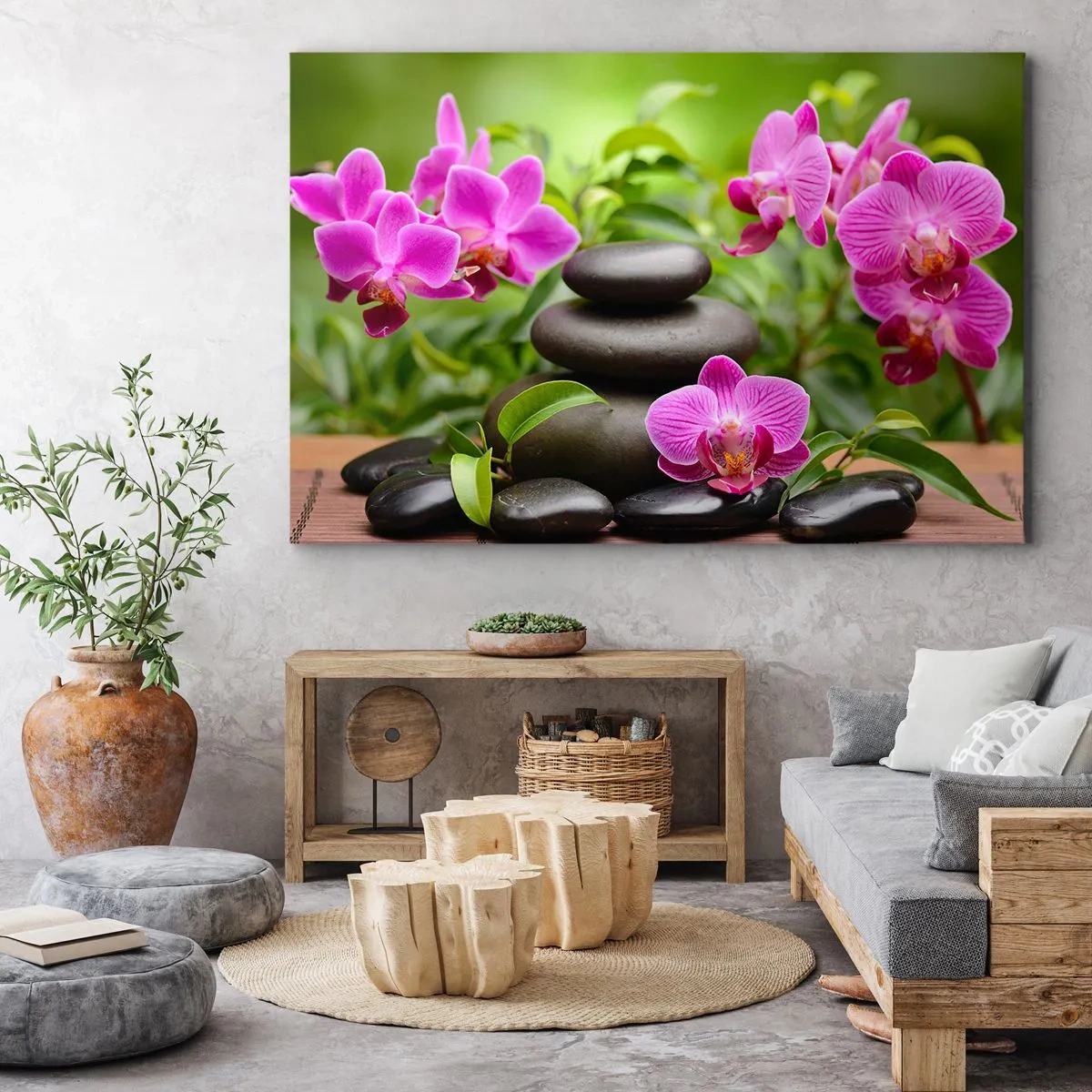 Obraz na plátne - Ružové orchidey s kameňmi na zelenom pozadí - 70x50cm - Pyramída pokoja - Moderná nástenná dekorácia do obývacej izby a spálne ARTTOR