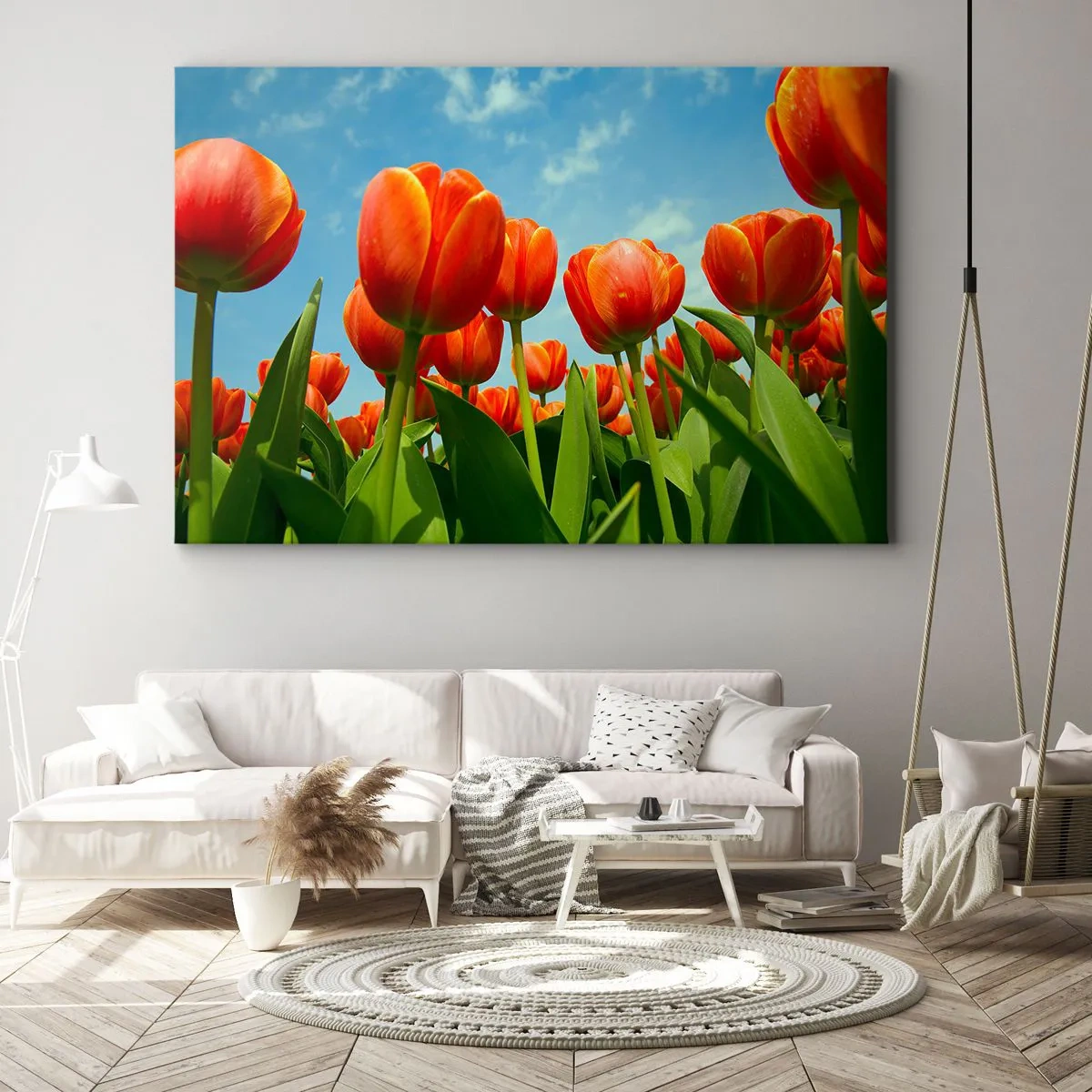 Obraz na plátne - Pole červených a oranžových tulipánov proti modrej oblohe - 70x50cm - Okrem blankytného neba nič v živote nepotrebujú - Moderná nástenná dekorácia do obývacej izby a spálne ARTTOR