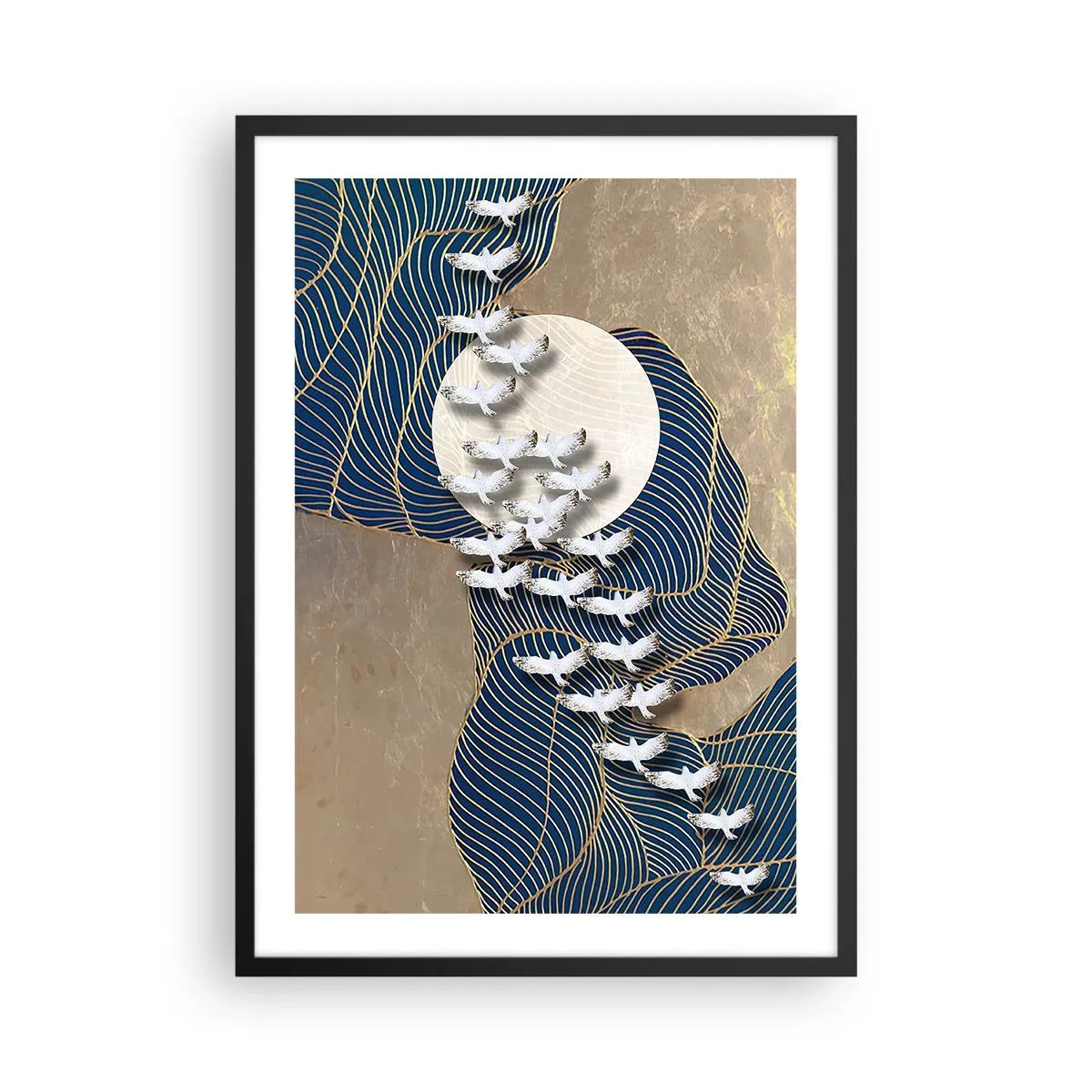 Plagát v čiernom ráme - Abstraktná kompozícia s vtákmi a mesiacom v zlatých tónoch - 50x70cm - Sloboda, putovanie, spoločenstvo - Moderná nástenná dekorácia do obývacej izby a spálne ARTTOR