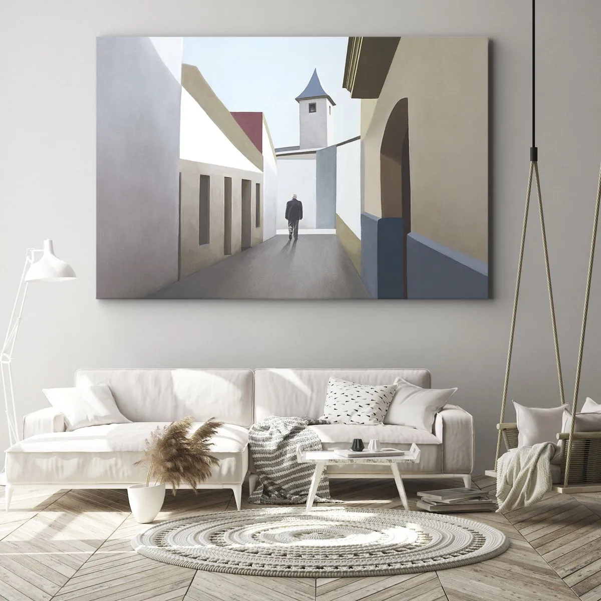Obraz na plátne - Minimalistická ulica so siluetou muža v pozadí - 70x50cm - Slnečná prechádzka - Moderná nástenná dekorácia do obývacej izby a spálne ARTTOR