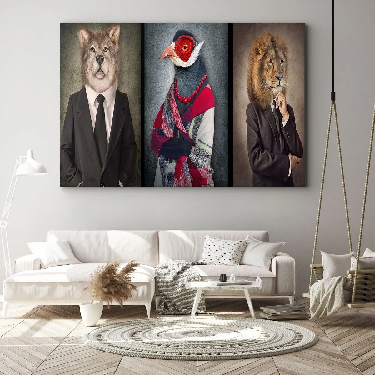 Obraz na plátne - Štylizované portréty vlka, bažanta a leva v elegantnom oblečení - 70x50cm - Čo tu robím?! - Moderná nástenná dekorácia do obývacej izby a spálne ARTTOR