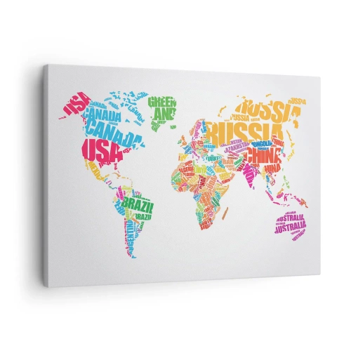 Obraz na plátne - Farebná mapa sveta s názvami krajín - 70x50cm - Chcem spoznať všetky - Moderná nástenná dekorácia do obývacej izby a spálne ARTTOR