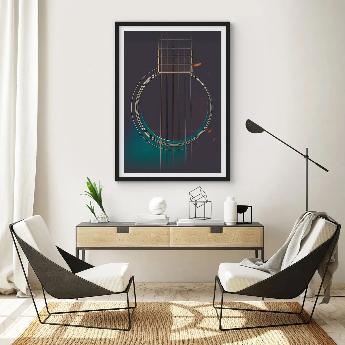 Plagát v čiernom ráme - Umelecký detailný záber na rezonančnú dosku akustickej gitary. - 50x70cm - Okamih, než to zaznie - Moderná nástenná dekorácia do obývacej izby a spálne ARTTOR