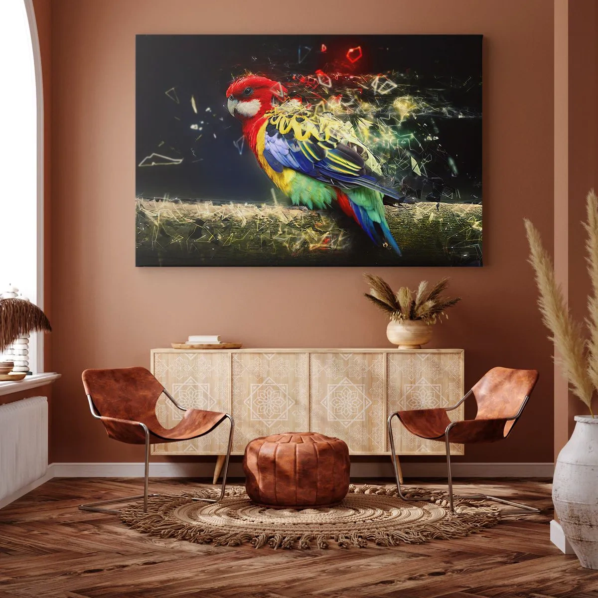Obraz na plátne - Papagáj v živých farbách na pozadí svetelných efektov - 70x50cm - Posol žiary - Moderná nástenná dekorácia do obývacej izby a spálne ARTTOR
