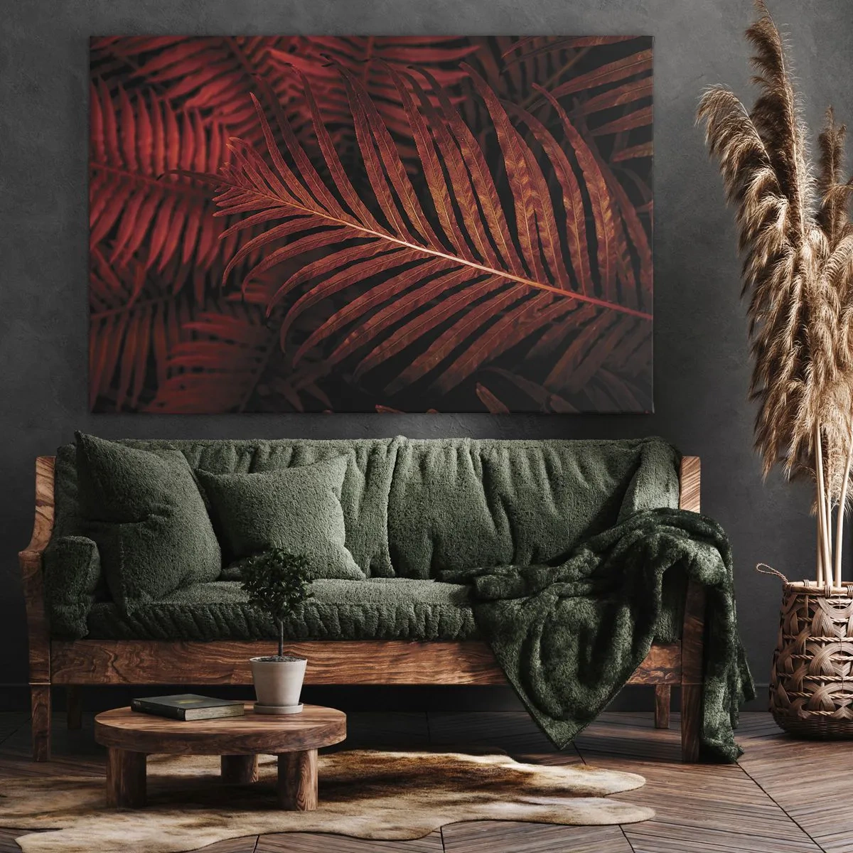 Obraz na plátne - Detailný záber červených tropických listov - 70x50cm - Žiar života - Moderná nástenná dekorácia do obývacej izby a spálne ARTTOR