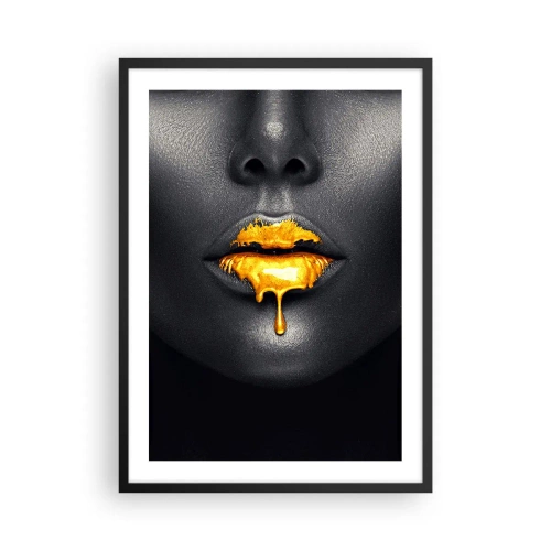 Plagát v čiernom ráme - Tvár čiernej ženy s oranžovou farbou na perách - 50x70cm - Zlatoústa - Moderná nástenná dekorácia do obývacej izby a spálne ARTTOR