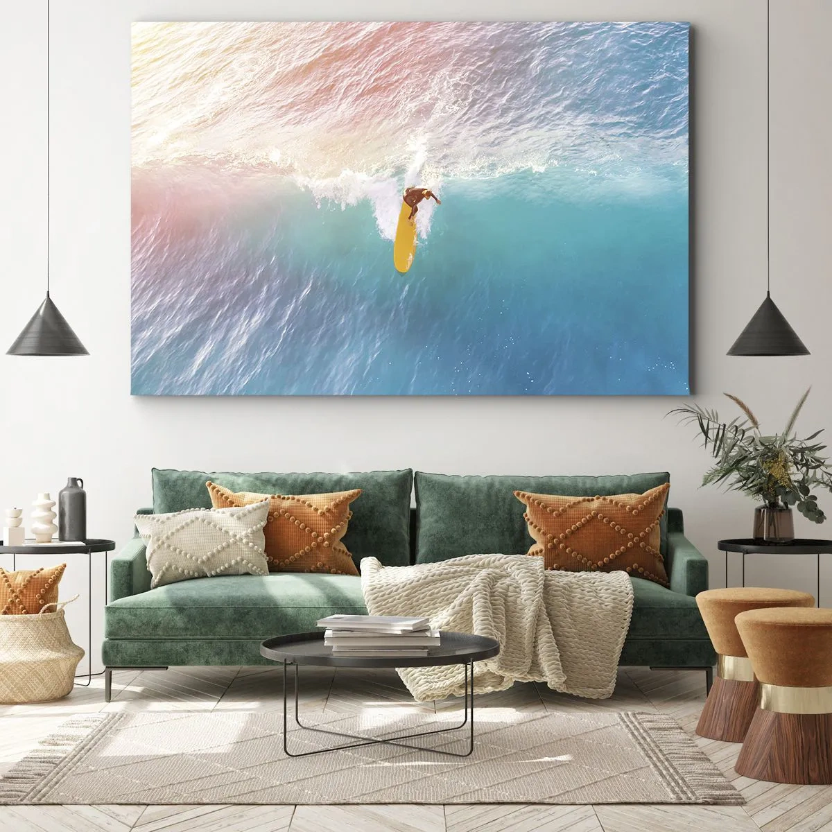Obraz na plátne - Surfer na vlne v pastelových farbách - 70x50cm - Oceanický jazdec - Moderná nástenná dekorácia do obývacej izby a spálne ARTTOR