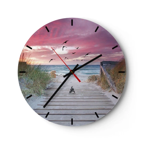 Nástenné hodiny - Drevené mólo vedúce na pláž pri západe slnka - 30x30cm - Baltská impresia - Moderná nástenná dekorácia do obývacej izby, kuchyne a spálne ARTTOR