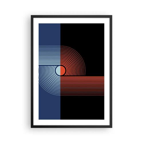 Plagát v čiernom ráme - Geometrická kompozícia s čiarami v tmavomodrej a oranžovej farbe. - 50x70cm - V geometrickom objatí - Moderná nástenná dekorácia do obývacej izby a spálne ARTTOR