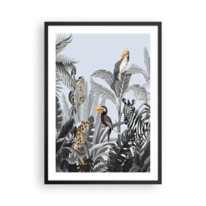 Plagát v čiernom ráme - Farebné tropické zvieratá medzi listami džungle - 50x70cm - Africká rozprávka - Moderná nástenná dekorácia do obývacej izby a spálne ARTTOR