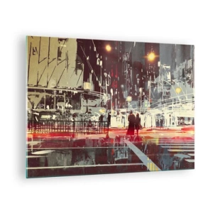 Obraz na skle - Nočná panoráma mesta s neónovými svetlami a siluetami okoloidúcich - 70x50cm - Veľkomestská doprava - Moderná nástenná dekorácia do obývacej izby a spálne ARTTOR