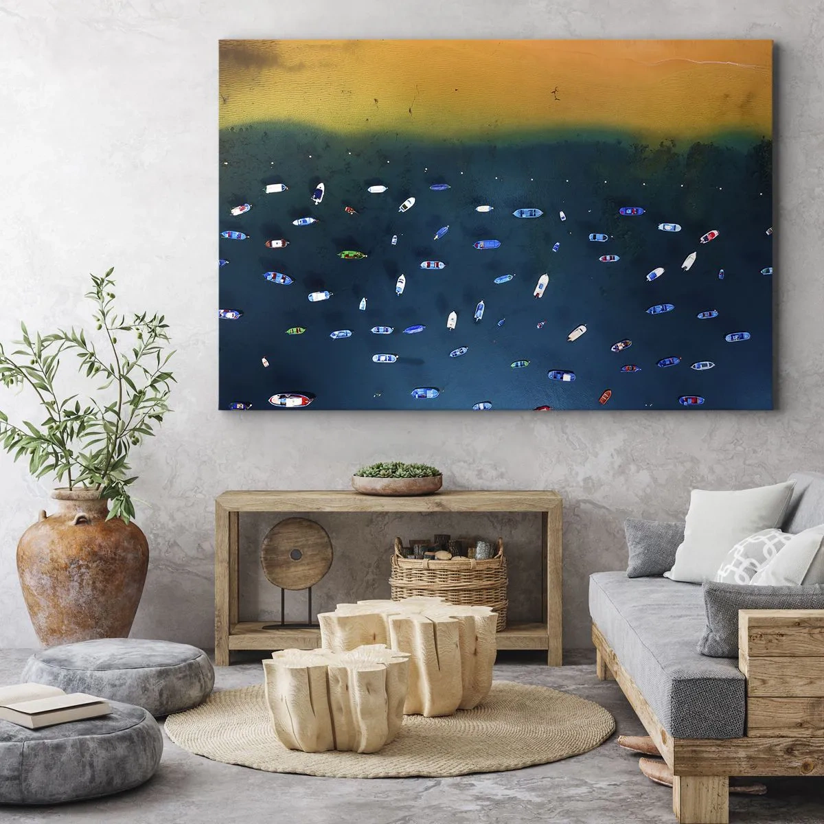 Obraz na plátne - Letecký pohľad na lode na vode a piesočnaté pobrežie - 70x50cm - Prázdninová hra - Moderná nástenná dekorácia do obývacej izby a spálne ARTTOR