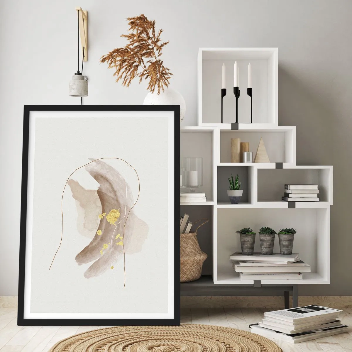 Plagát v čiernom ráme - Abstraktný vzor v béžovej farbe s jemnými zlatými akcentmi. - 50x70cm - Vesmírna bytosť - Moderná nástenná dekorácia do obývacej izby a spálne ARTTOR