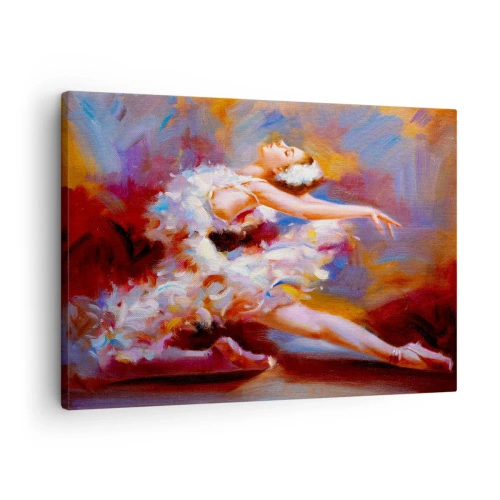 Obraz na plátne - Baletka v dynamickej póze uprostred pastelových farieb. - 70x50cm - Labutia elegancia - Moderná nástenná dekorácia do obývacej izby a spálne ARTTOR