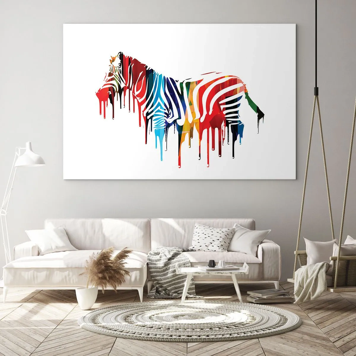 Obraz na skle - Farebná zebra v abstraktnej podobe s efektom kvapkajúcej farby. - 70x50cm - Nielen čierno-biely - Moderná nástenná dekorácia do obývacej izby a spálne ARTTOR