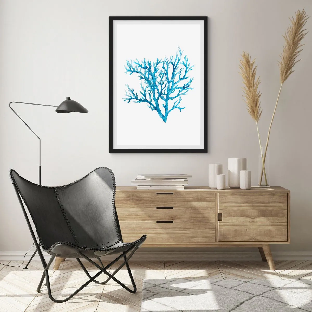Plagát v čiernom ráme - Modrý koral v akvarelovom štýle na bielom pozadí - 50x70cm - Morský filigrán - Moderná nástenná dekorácia do obývacej izby a spálne ARTTOR