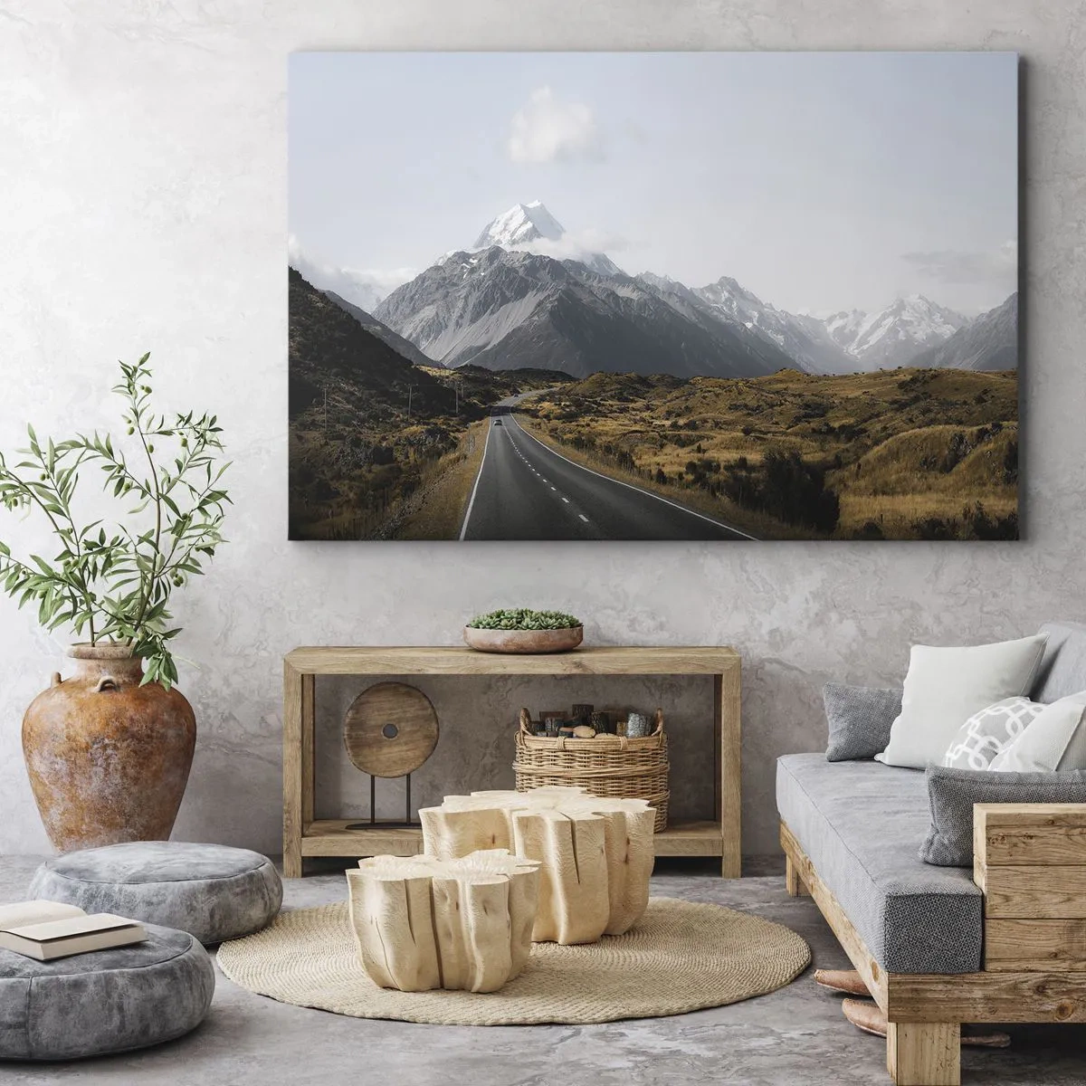 Obraz na plátne - Cesta v horách obklopená malebnou krajinou - 70x50cm - Cesta do srdca hôr - Moderná nástenná dekorácia do obývacej izby a spálne ARTTOR