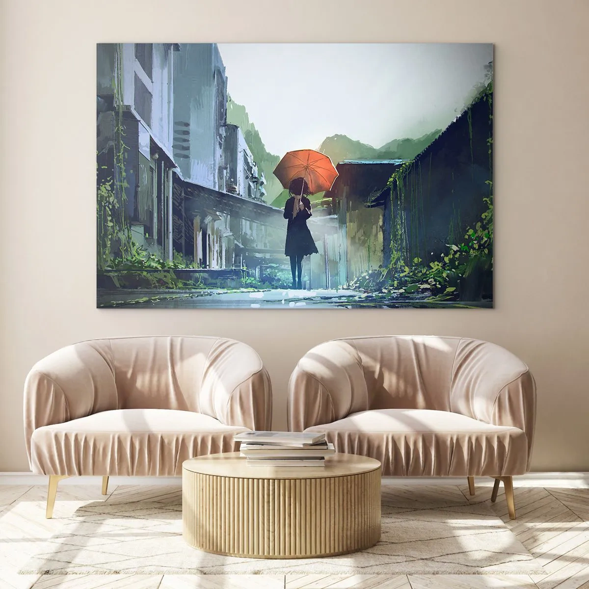 Obraz na skle - Postava s oranžovým dáždnikom na daždivej ulici - 70x50cm - Oživujúci dážď - Moderná nástenná dekorácia do obývacej izby a spálne ARTTOR