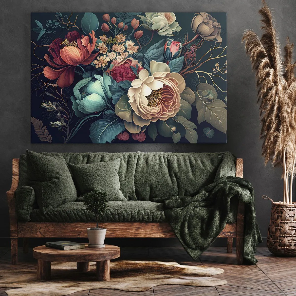 Obraz na plátne - Farebná kompozícia kvetov na tmavom pozadí - 70x50cm - Pôvab 19. storočia - Moderná nástenná dekorácia do obývacej izby a spálne ARTTOR