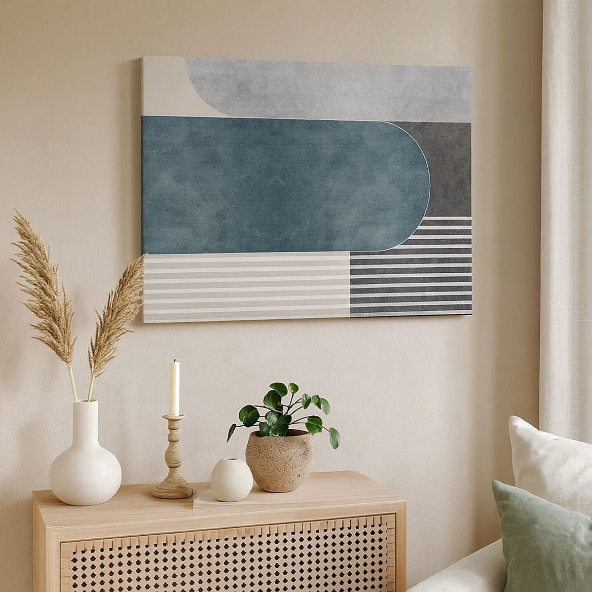 Obraz na plátne - Geometrická abstrakcia v odtieňoch sivej a zelenej - 70x50cm - Kompozícia na úrovni - Moderná nástenná dekorácia do obývacej izby a spálne ARTTOR