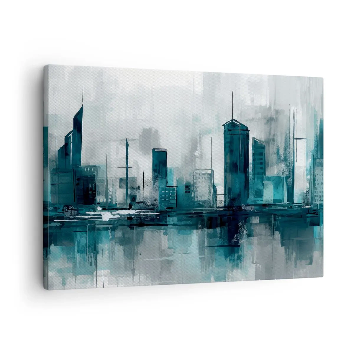 Obraz na plátne - Moderné mesto v odtieňoch tyrkysovej a sivej - 70x50cm - Mesto vo farbe dažďa - Moderná nástenná dekorácia do obývacej izby a spálne ARTTOR