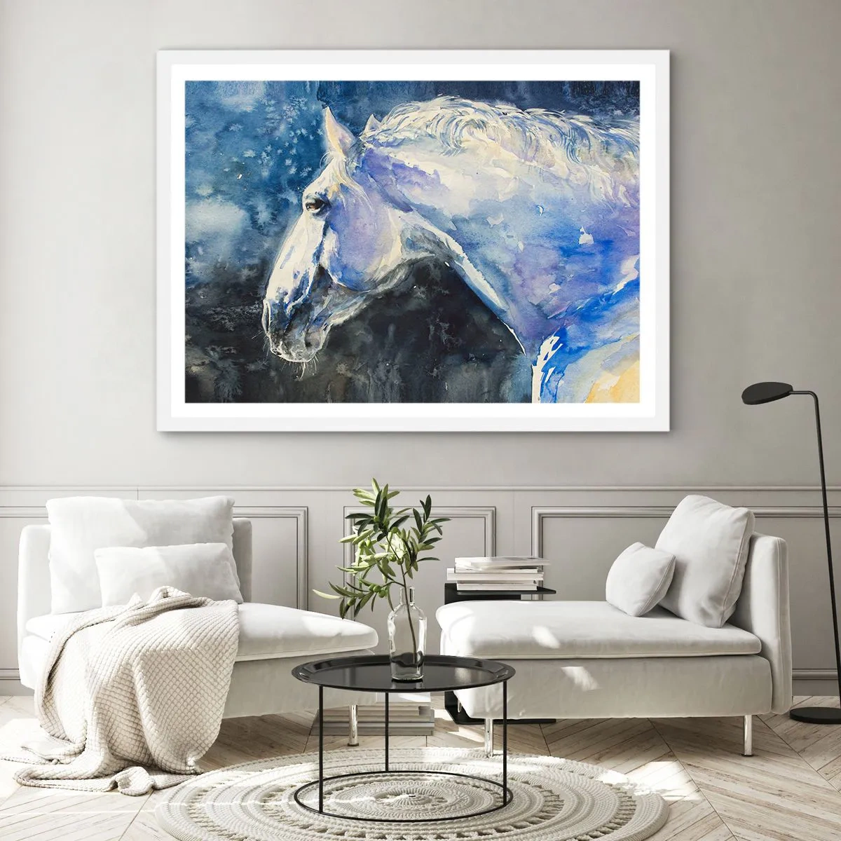 Plagát v bielom ráme - Portrét v modrej žiare - 100x70 cm