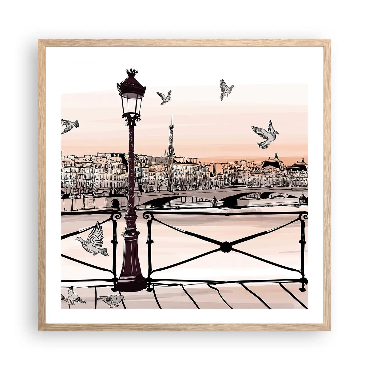 Plagát v ráme zo svetlého duba - Nad strechami Paríža - 60x60 cm
