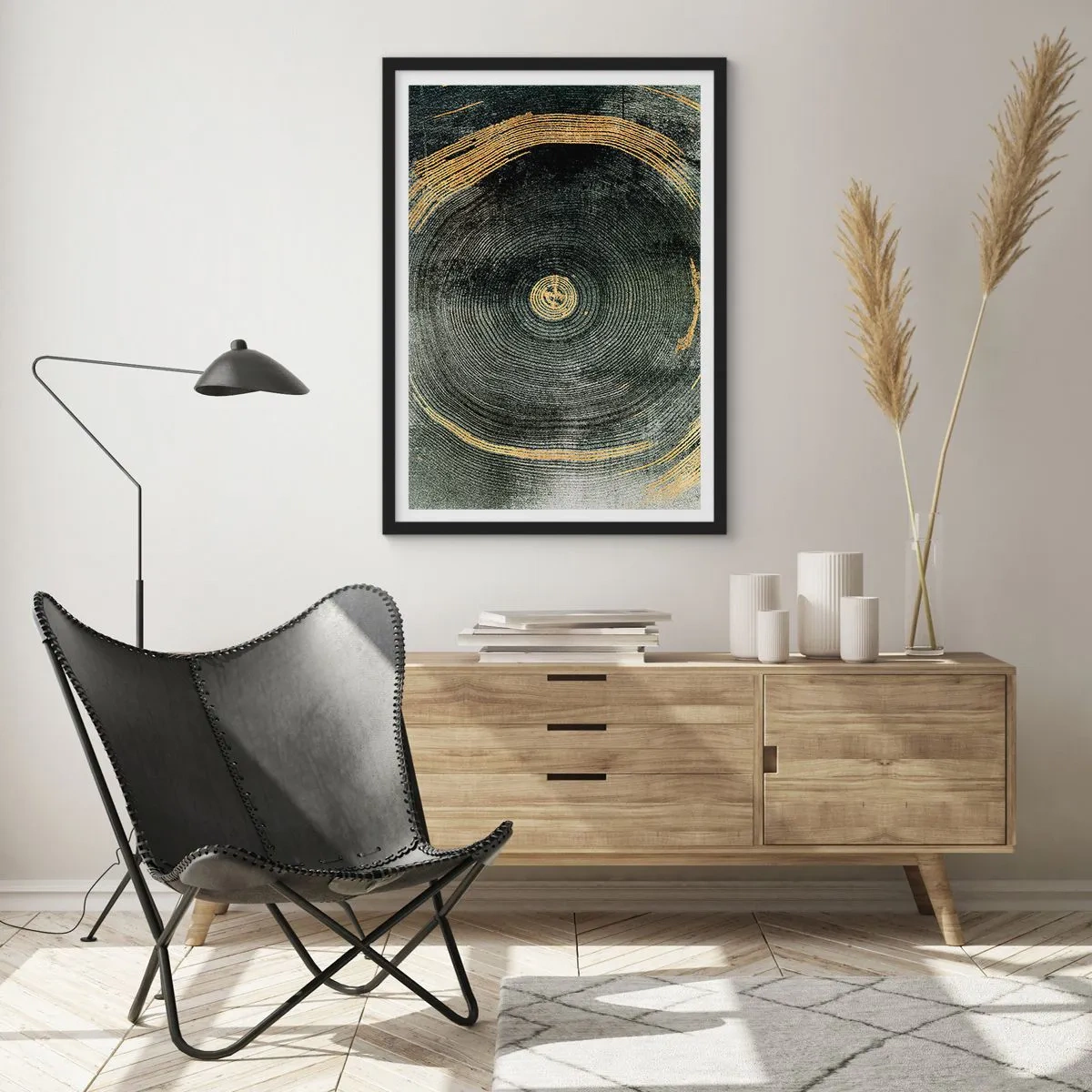Plagát v čiernom ráme - Abstraktná textúra dreva v zlatých a čiernych tónoch - 50x70cm - Zmena a trvanie - Moderná nástenná dekorácia do obývacej izby a spálne ARTTOR