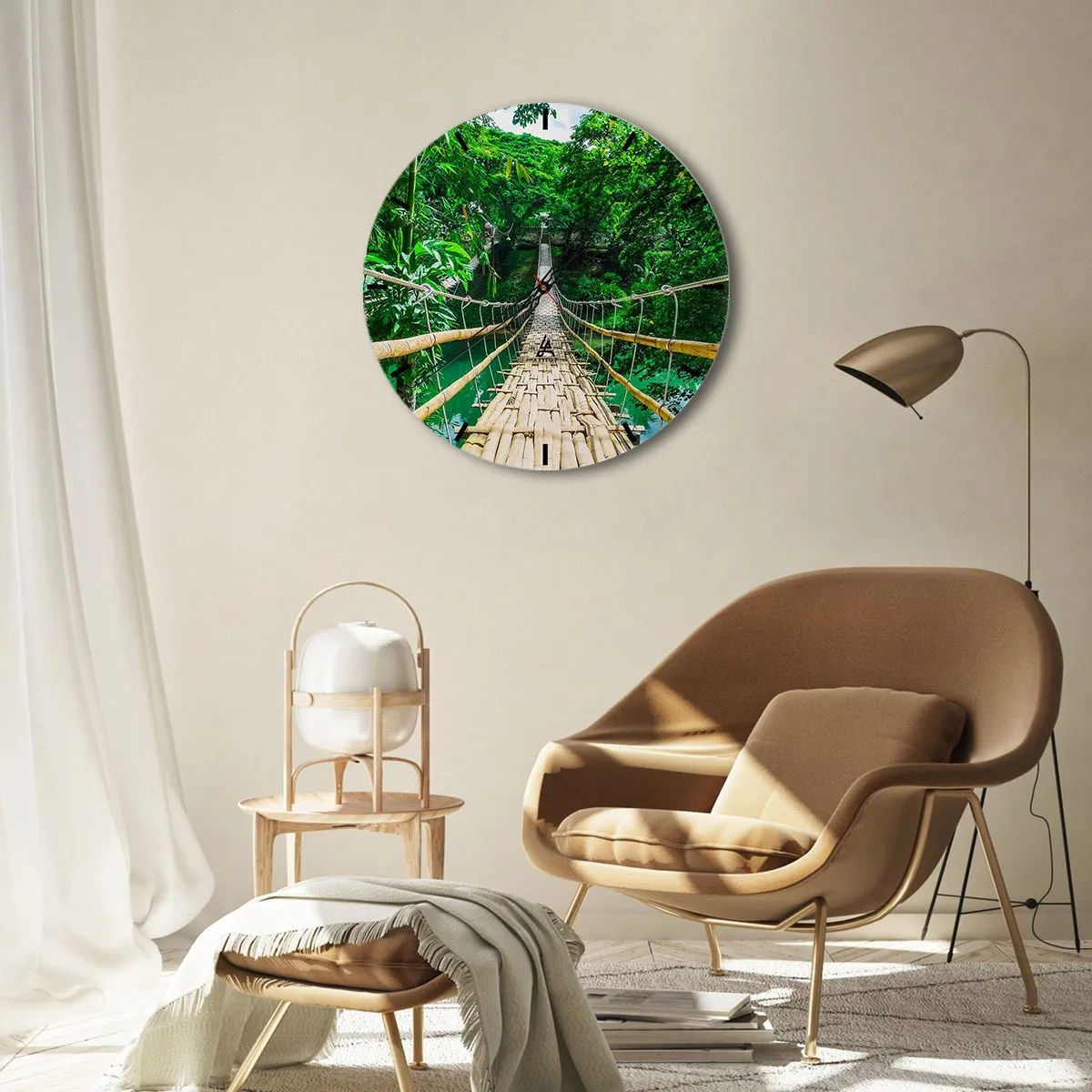 Nástenné hodiny - Bambusový lanový most v tropickej zeleni ponad rieku - 30x30cm - Opičí most nad zeleňou - Moderná nástenná dekorácia do obývacej izby, kuchyne a spálne ARTTOR