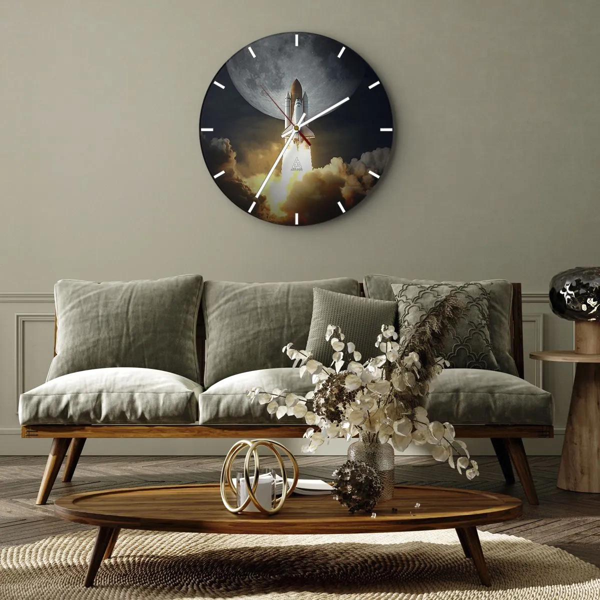 Nástenné hodiny - Raketa vzlietajúca na pozadí mesiaca na nočnej oblohe - 30x30cm - Začiatok nadprirodzeného dobrodružstva - Moderná nástenná dekorácia do obývacej izby, kuchyne a spálne ARTTOR