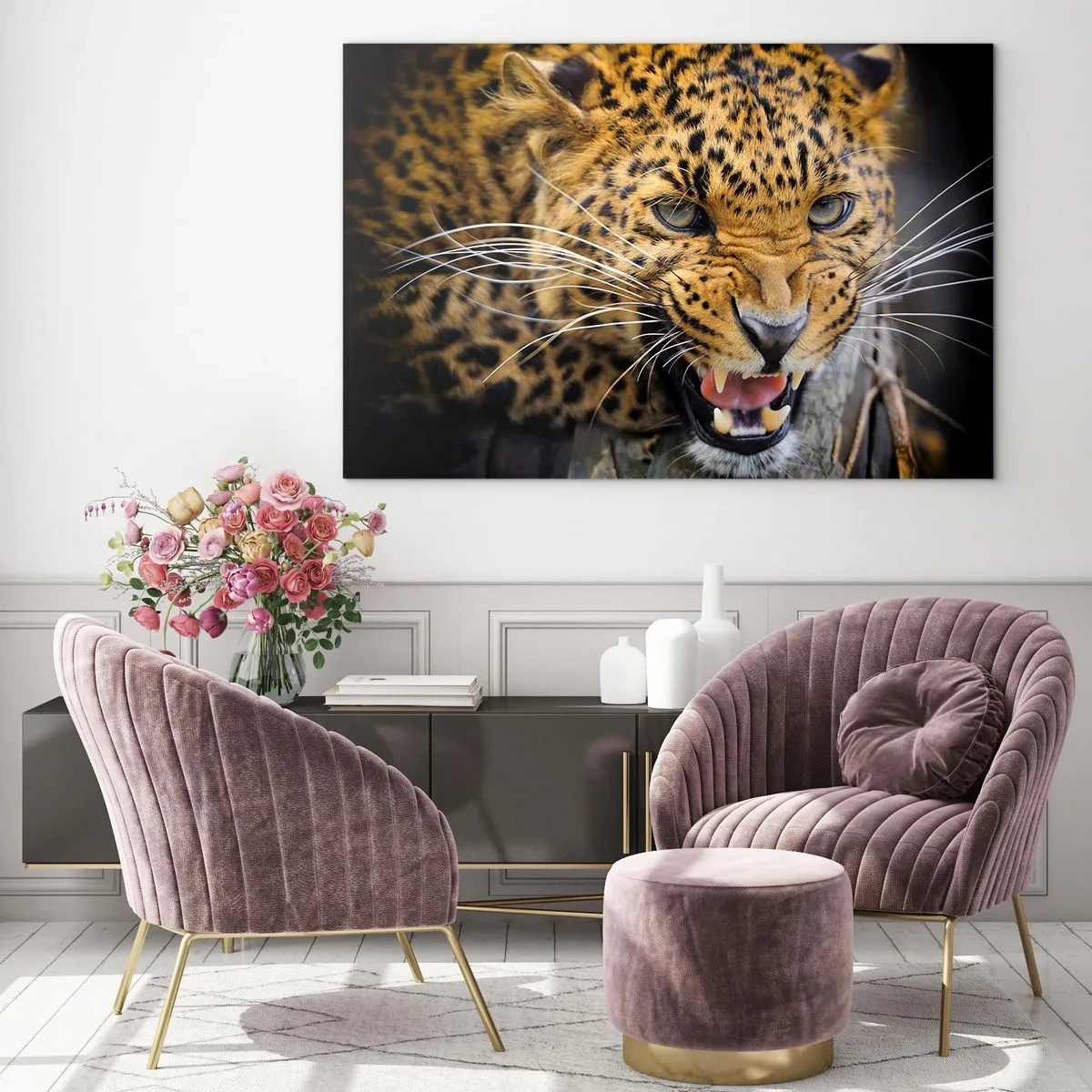 Obraz na skle - Detailný záber agresívneho leoparda s jasnými detailmi - 70x50cm - Nepribližuj sa, varujem! - Moderná nástenná dekorácia do obývacej izby a spálne ARTTOR