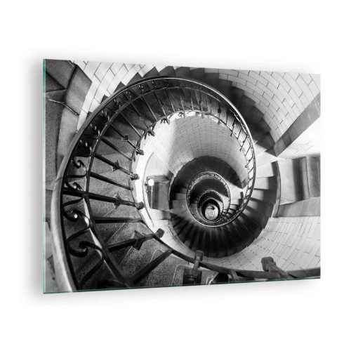 Obraz na skle - Čiernobiela fotografia točitého schodiska v perspektíve - 70x50cm - Len vyššie a vyššie - Moderná nástenná dekorácia do obývacej izby a spálne ARTTOR