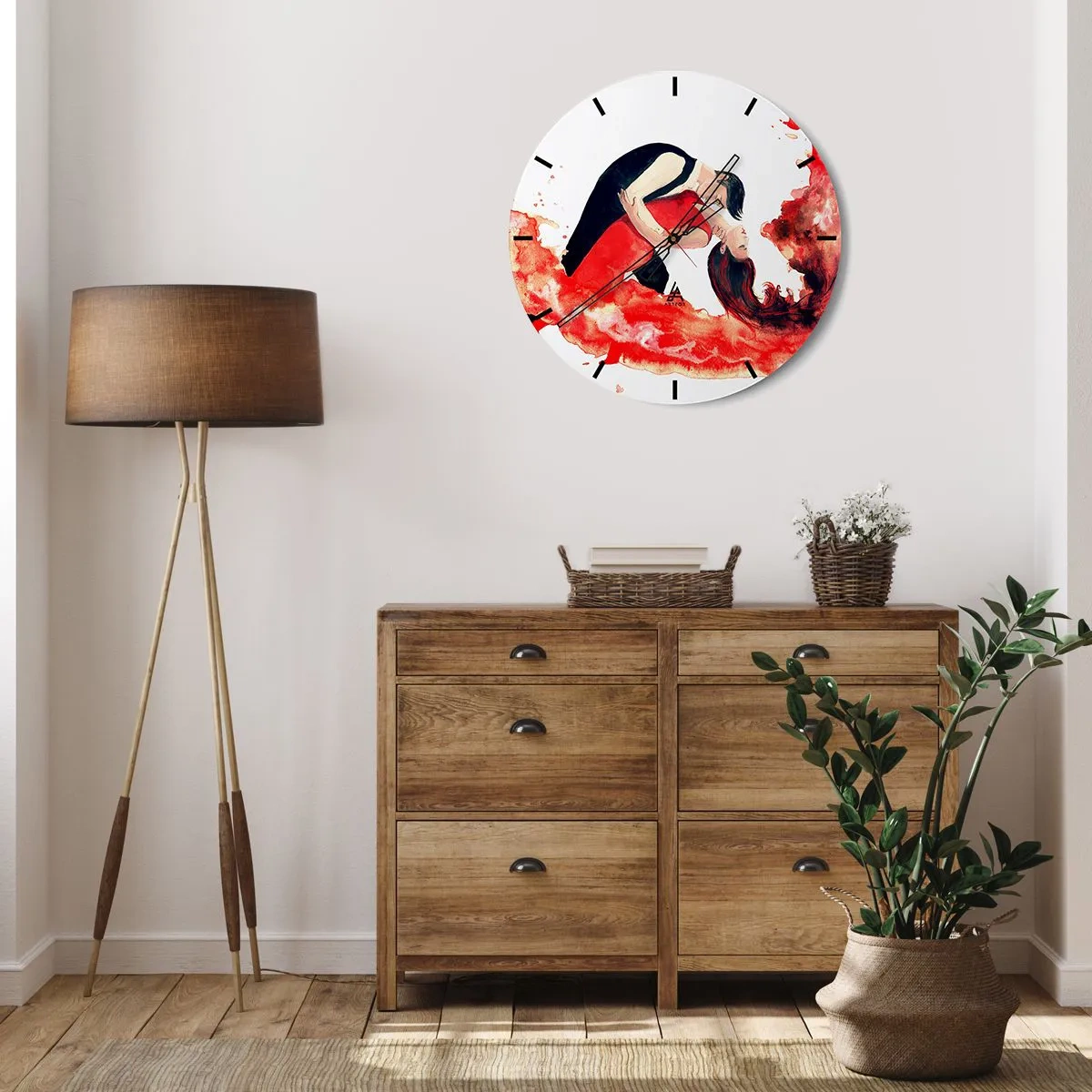 Nástenné hodiny - Pár tancuje v červených umeleckých farbách - 30x30cm - Tango - zmyselná vlna - Moderná nástenná dekorácia do obývacej izby, kuchyne a spálne ARTTOR