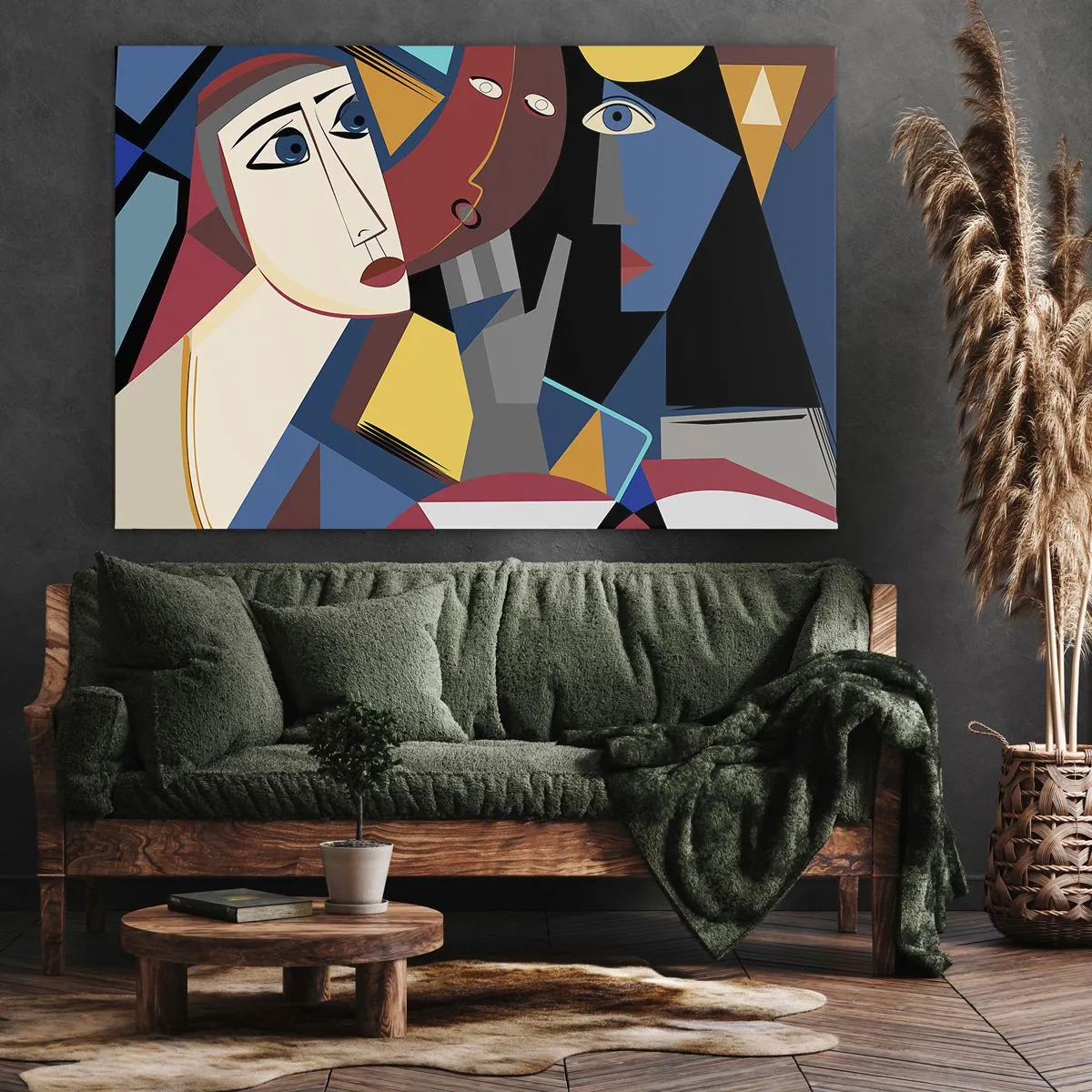 Obraz na plátne - Kubistické tváre v intenzívnych farbách - 70x50cm - Konverzácia kubistov - Moderná nástenná dekorácia do obývacej izby a spálne ARTTOR