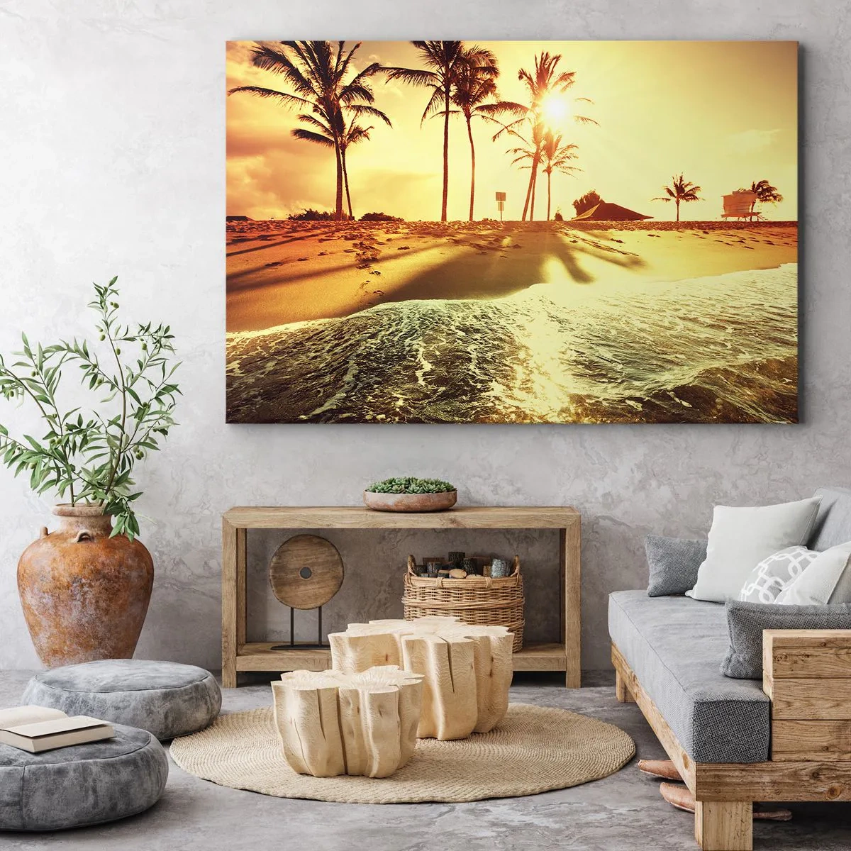 Obraz na plátne - Pláž s palmami osvetlená teplým západom slnka - 70x50cm - Kalifornské popoludnie - Moderná nástenná dekorácia do obývacej izby a spálne ARTTOR
