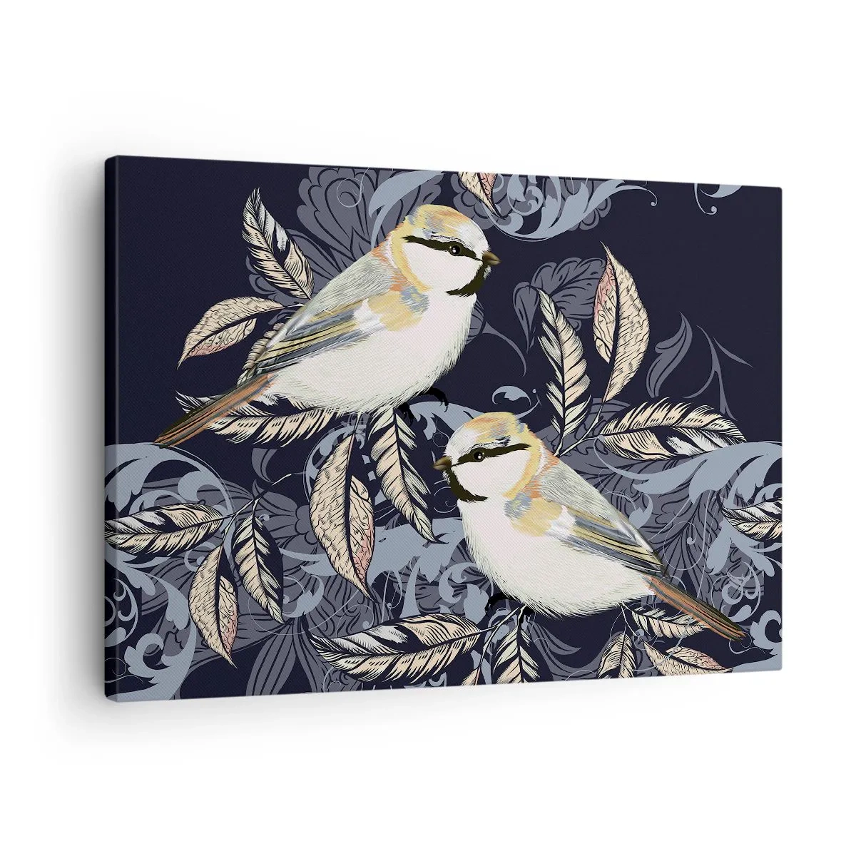 Obraz na plátne - Vtáky na konároch v okrasnom pozadí - 70x50cm - Žltomodrá pieseň - Moderná nástenná dekorácia do obývacej izby a spálne ARTTOR